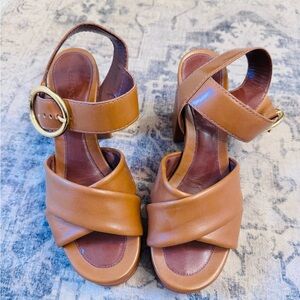 Tuckernuck Chestnut Leather Crisscross Block Heel Sandals with Gold Buckle